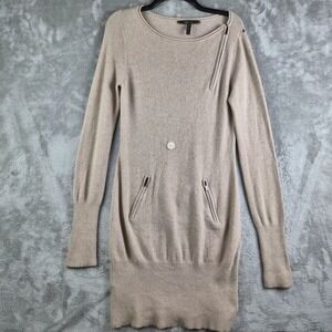 BCBG‎ Max Azaria Tunic Sweater Womens Medium Tan Cashmere Zip Pockets Minimalist
